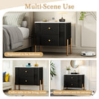 Modern Nightstand with 2 Storage Drawer, Fluted Bedside Table with Golden Metal Handles and Legs, End Table for Living Room and Bedroom, Easy Assembly, Black