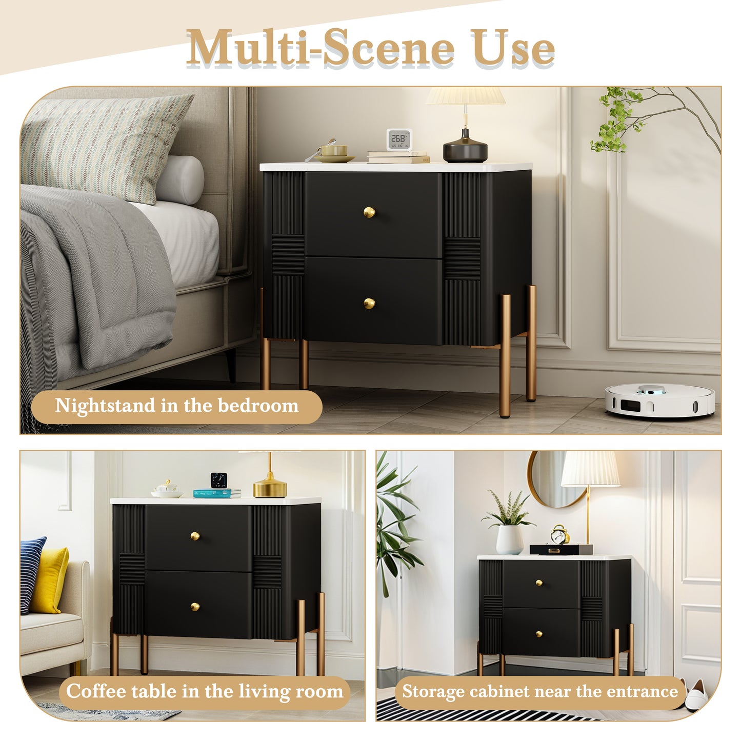 Modern Nightstand with 2 Storage Drawer, Fluted Bedside Table with Golden Metal Handles and Legs, End Table for Living Room and Bedroom, Easy Assembly, Black