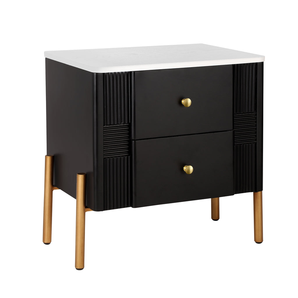 Modern Nightstand with 2 Storage Drawer, Fluted Bedside Table with Golden Metal Handles and Legs, End Table for Living Room and Bedroom, Easy Assembly, Black