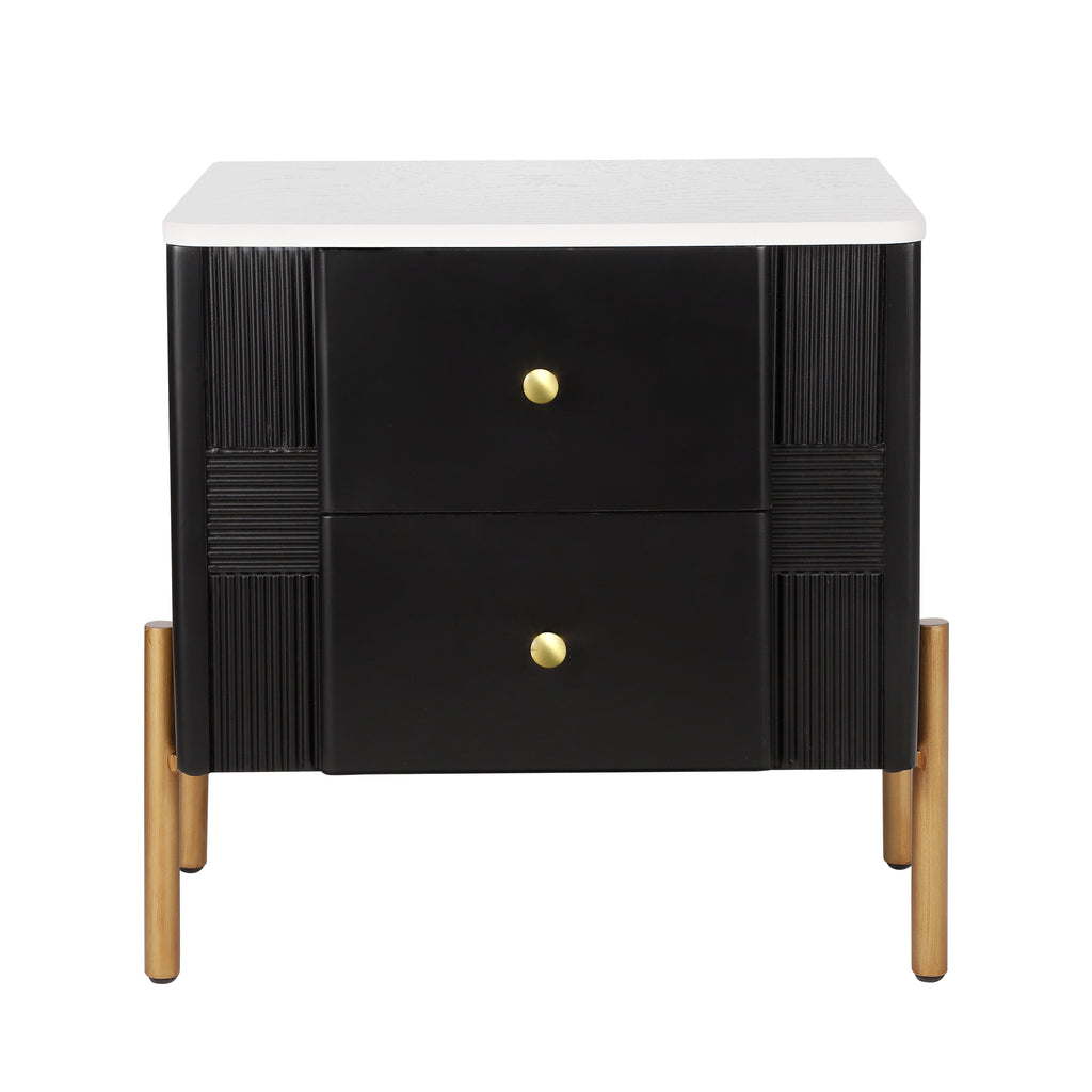 Modern Nightstand with 2 Storage Drawer, Fluted Bedside Table with Golden Metal Handles and Legs, End Table for Living Room and Bedroom, Easy Assembly, Black