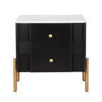Modern Nightstand with 2 Storage Drawer, Fluted Bedside Table with Golden Metal Handles and Legs, End Table for Living Room and Bedroom, Easy Assembly, Black