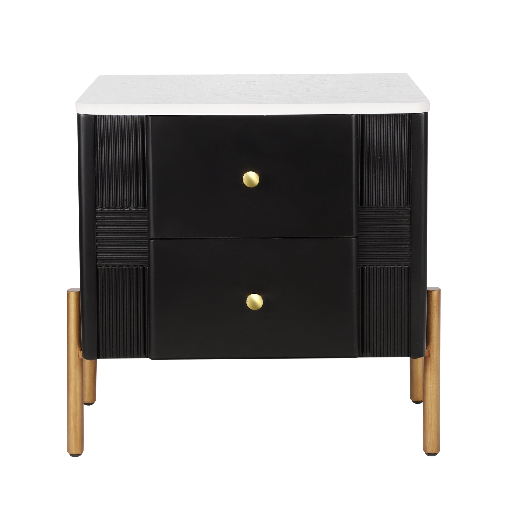 Modern Nightstand with 2 Storage Drawer, Fluted Bedside Table with Golden Metal Handles and Legs, End Table for Living Room and Bedroom, Easy Assembly, Black