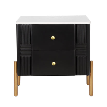 Modern Nightstand with 2 Storage Drawer, Fluted Bedside Table with Golden Metal Handles and Legs, End Table for Living Room and Bedroom, Easy Assembly, Black