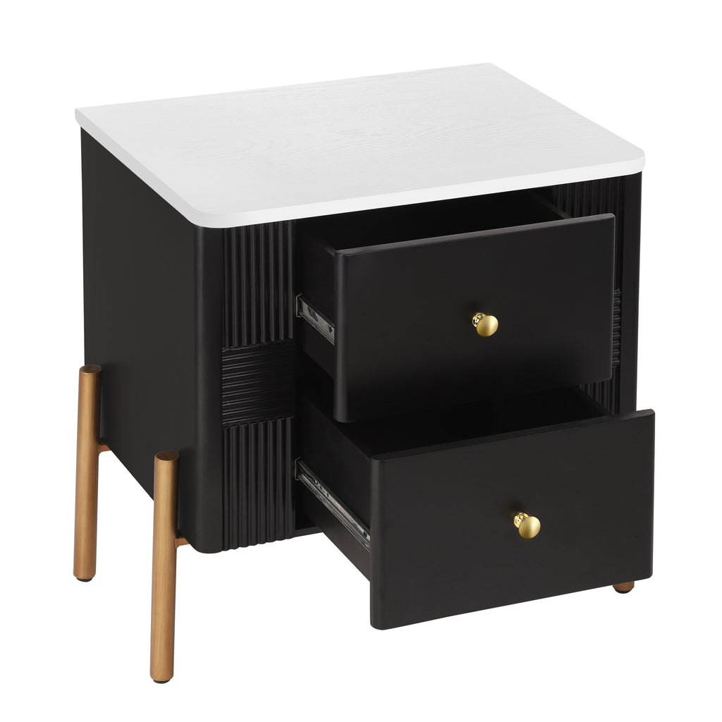 Modern Nightstand with 2 Storage Drawer, Fluted Bedside Table with Golden Metal Handles and Legs, End Table for Living Room and Bedroom, Easy Assembly, Black