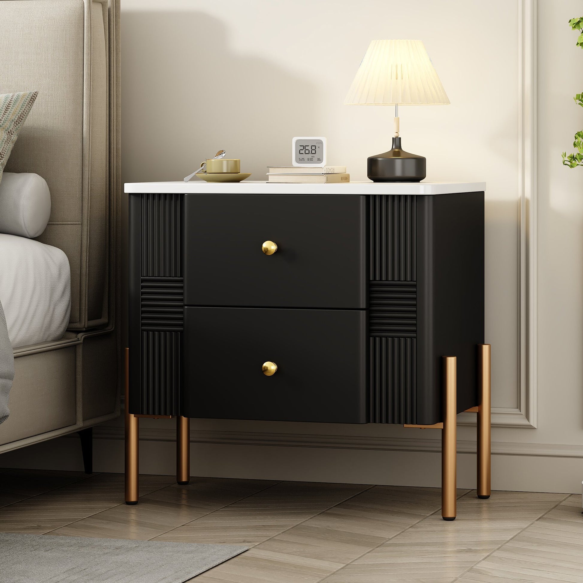 Modern Nightstand with 2 Storage Drawer, Fluted Bedside Table with Golden Metal Handles and Legs, End Table for Living Room and Bedroom, Easy Assembly, Black