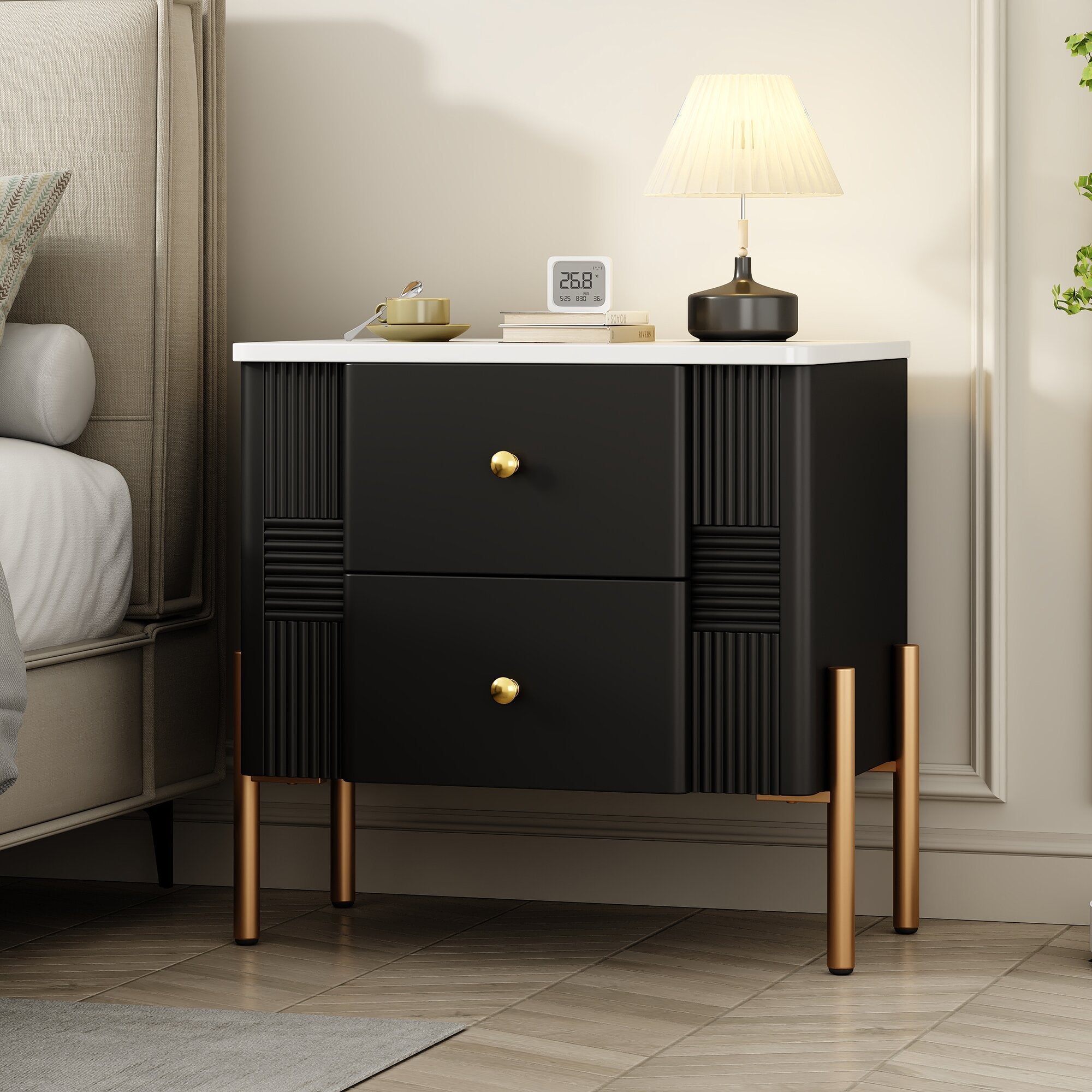 Modern Nightstand with 2 Storage Drawer, Fluted Bedside Table with Golden Metal Handles and Legs, End Table for Living Room and Bedroom, Easy Assembly, Black