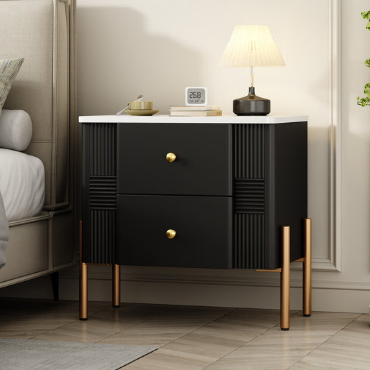 Modern Nightstand with 2 Storage Drawer, Fluted Bedside Table with Golden Metal Handles and Legs, End Table for Living Room and Bedroom, Easy Assembly, Black