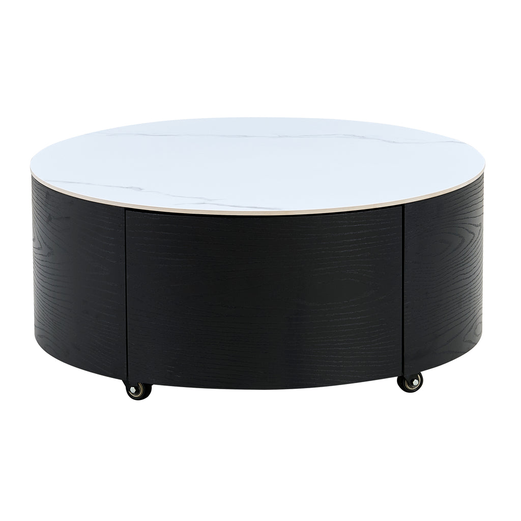Modern Round Movable Coffee Table with Casters, 2 Drawers, Marble Pattern Sintered Stone Top, Black, 29.5' Coffee Table