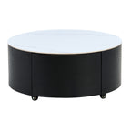 Modern Round Movable Coffee Table with Casters, 2 Drawers, Marble Pattern Sintered Stone Top, Black, 29.5' Coffee Table