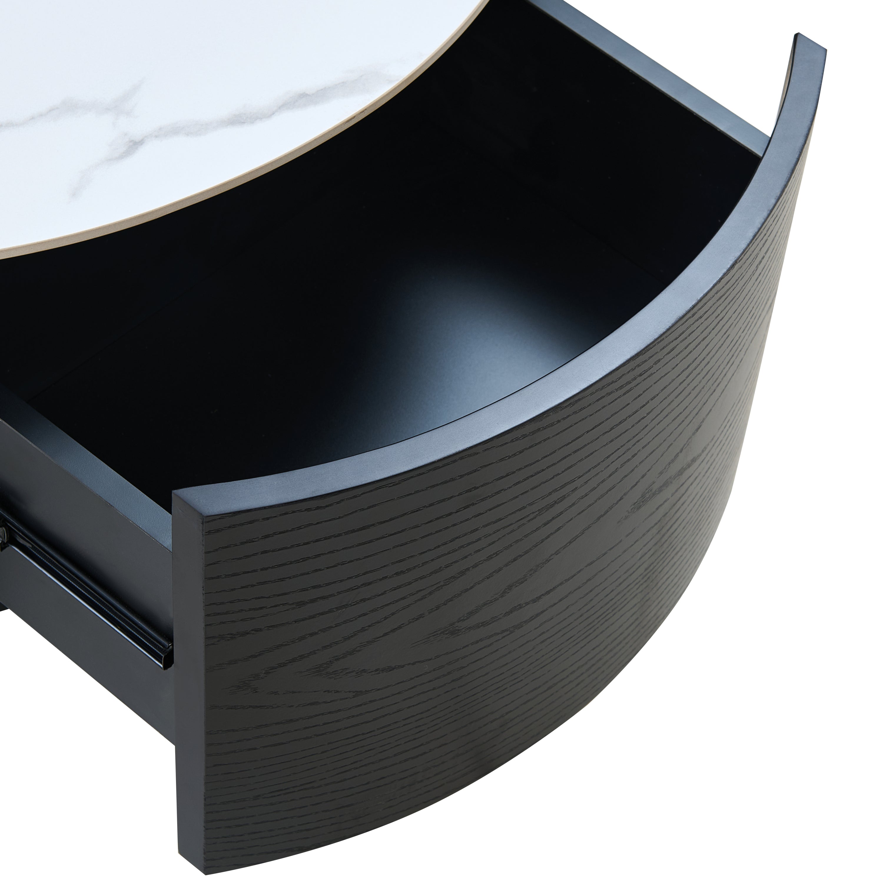 Modern Round Movable Coffee Table with Casters, 2 Drawers, Marble Pattern Sintered Stone Top, Black, 29.5' Coffee Table