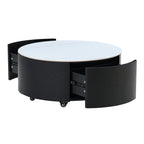 Modern Round Movable Coffee Table with Casters, 2 Drawers, Marble Pattern Sintered Stone Top, Black, 29.5' Coffee Table
