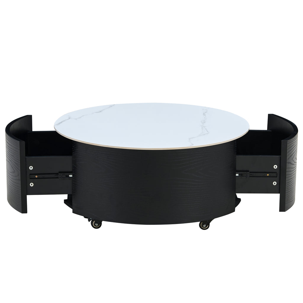 Modern Round Movable Coffee Table with Casters, 2 Drawers, Marble Pattern Sintered Stone Top, Black, 29.5' Coffee Table