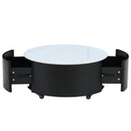 Modern Round Movable Coffee Table with Casters, 2 Drawers, Marble Pattern Sintered Stone Top, Black, 29.5' Coffee Table