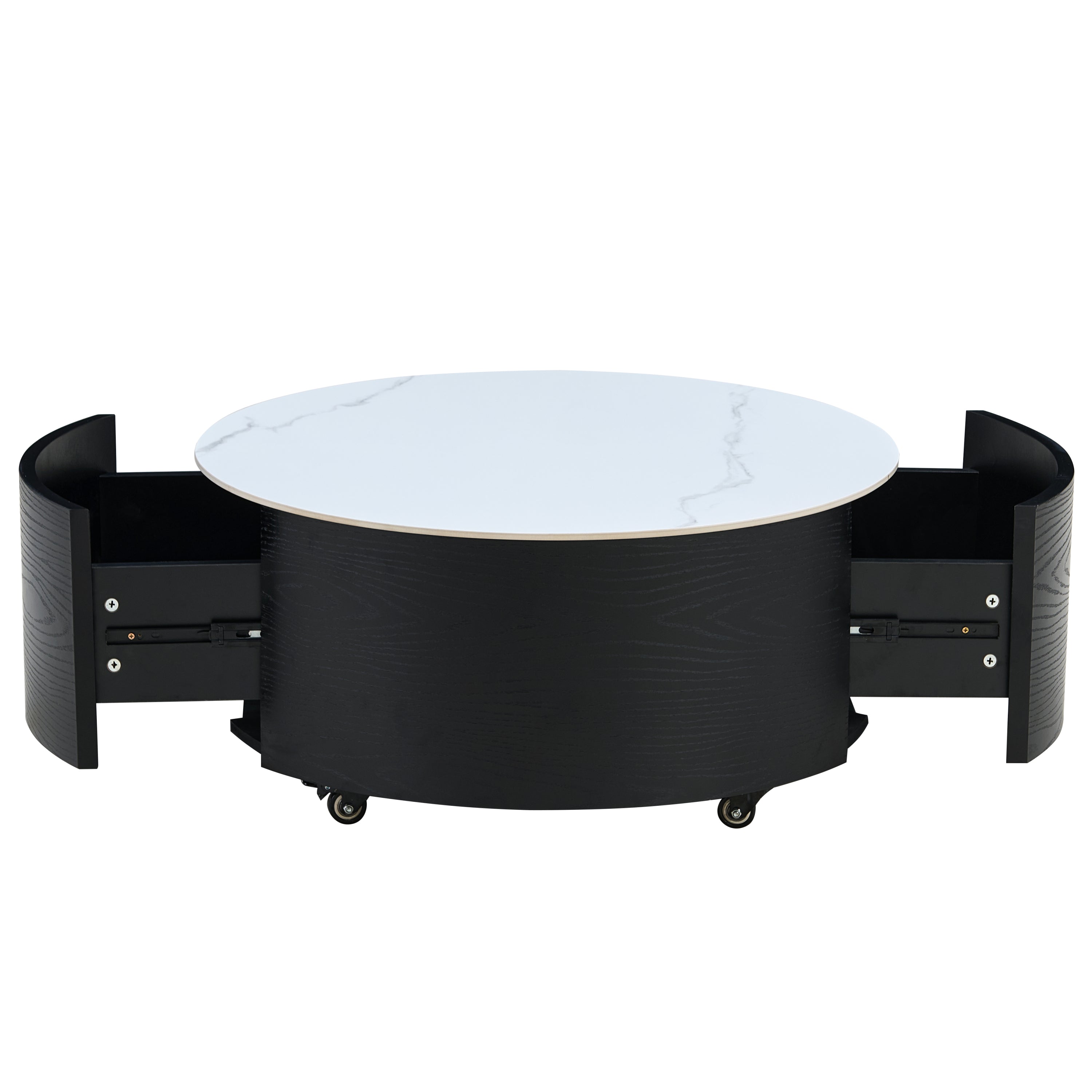 Modern Round Movable Coffee Table with Casters, 2 Drawers, Marble Pattern Sintered Stone Top, Black, 29.5' Coffee Table