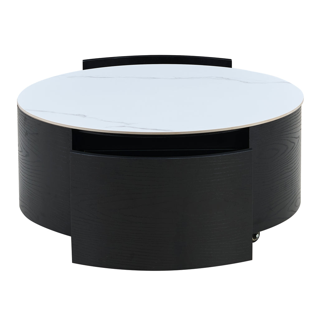 Modern Round Movable Coffee Table with Casters, 2 Drawers, Marble Pattern Sintered Stone Top, Black, 29.5' Coffee Table