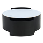 Modern Round Movable Coffee Table with Casters, 2 Drawers, Marble Pattern Sintered Stone Top, Black, 29.5' Coffee Table