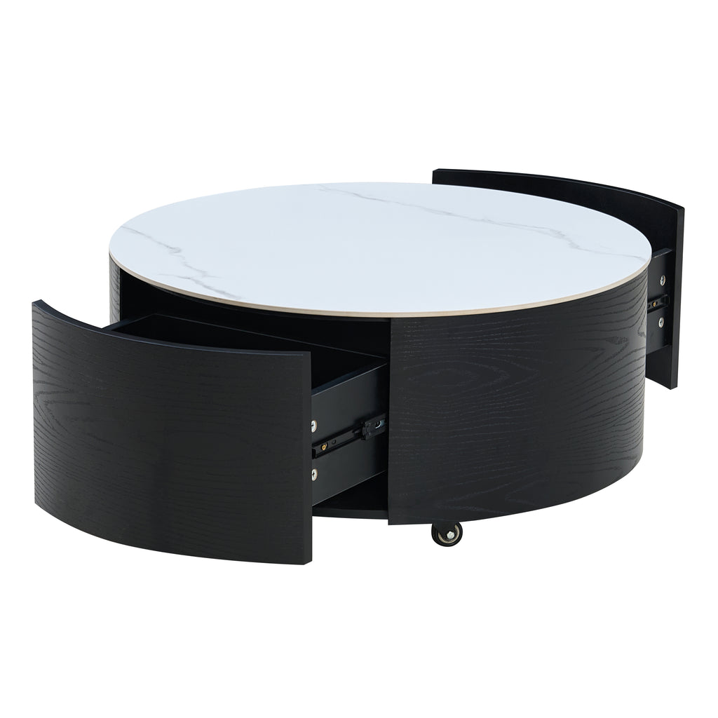 Modern Round Movable Coffee Table with Casters, 2 Drawers, Marble Pattern Sintered Stone Top, Black, 29.5' Coffee Table