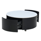 Modern Round Movable Coffee Table with Casters, 2 Drawers, Marble Pattern Sintered Stone Top, Black, 29.5' Coffee Table