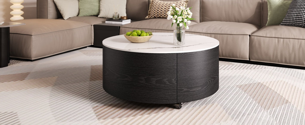 Modern Round Movable Coffee Table with Casters, 2 Drawers, Marble Pattern Sintered Stone Top, Black, 29.5' Coffee Table