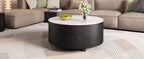 Modern Round Movable Coffee Table with Casters, 2 Drawers, Marble Pattern Sintered Stone Top, Black, 29.5' Coffee Table