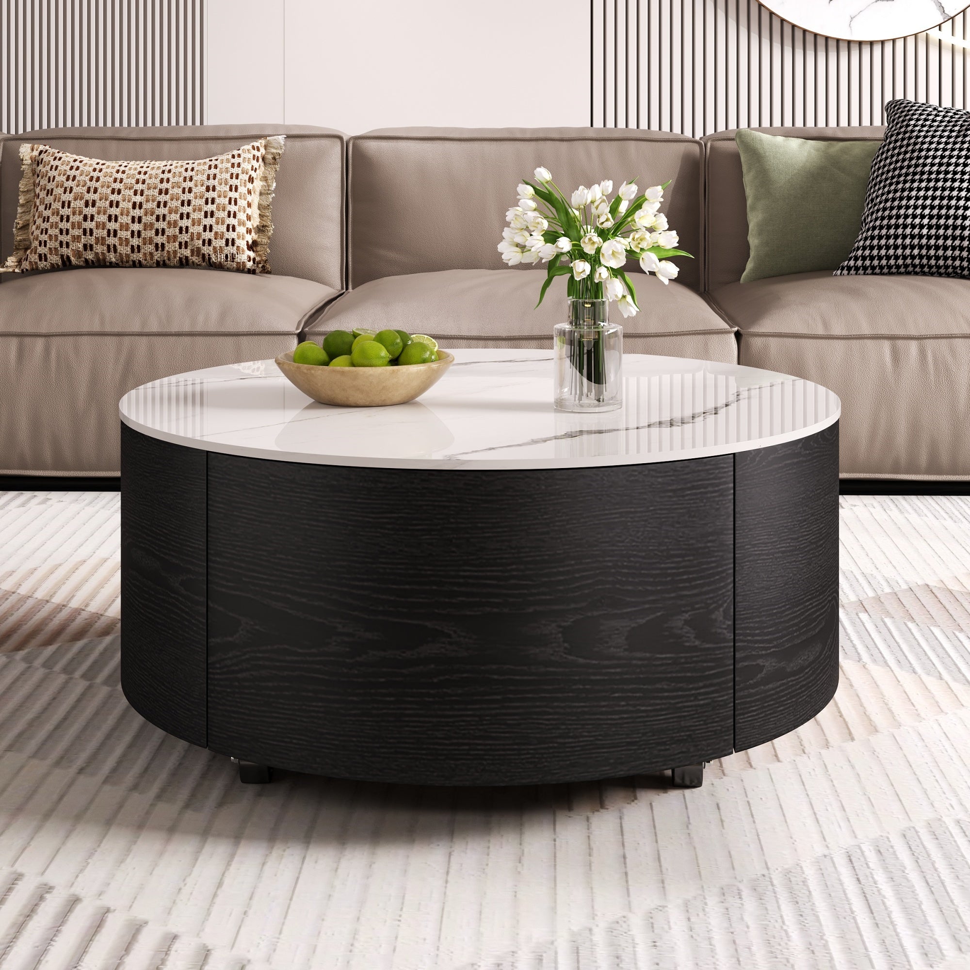 Modern Round Movable Coffee Table with Casters, 2 Drawers, Marble Pattern Sintered Stone Top, Black, 29.5' Coffee Table