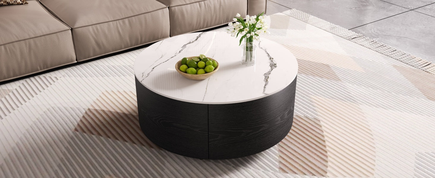 Modern Round Movable Coffee Table with Casters, 2 Drawers, Marble Pattern Sintered Stone Top, Black, 29.5' Coffee Table