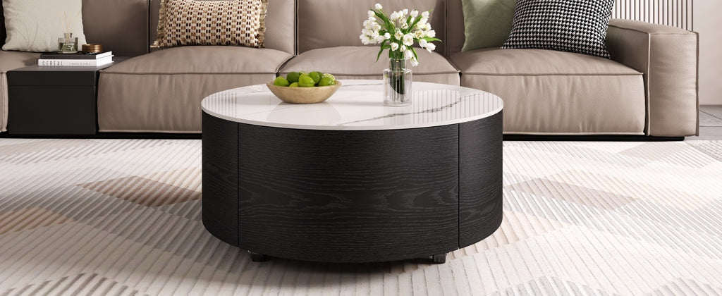 Modern Round Movable Coffee Table with Casters, 2 Drawers, Marble Pattern Sintered Stone Top, Black, 29.5' Coffee Table