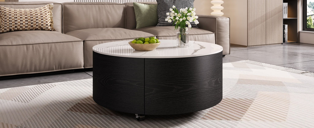 Modern Round Movable Coffee Table with Casters, 2 Drawers, Marble Pattern Sintered Stone Top, Black, 29.5' Coffee Table