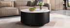 Modern Round Movable Coffee Table with Casters, 2 Drawers, Marble Pattern Sintered Stone Top, Black, 29.5' Coffee Table