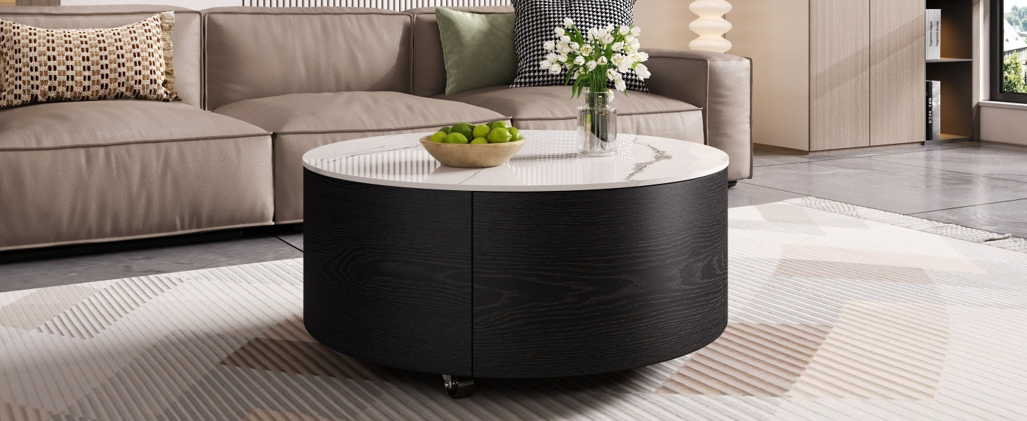 Modern Round Movable Coffee Table with Casters, 2 Drawers, Marble Pattern Sintered Stone Top, Black, 29.5' Coffee Table