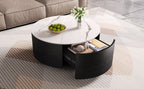 Modern Round Movable Coffee Table with Casters, 2 Drawers, Marble Pattern Sintered Stone Top, Black, 29.5' Coffee Table