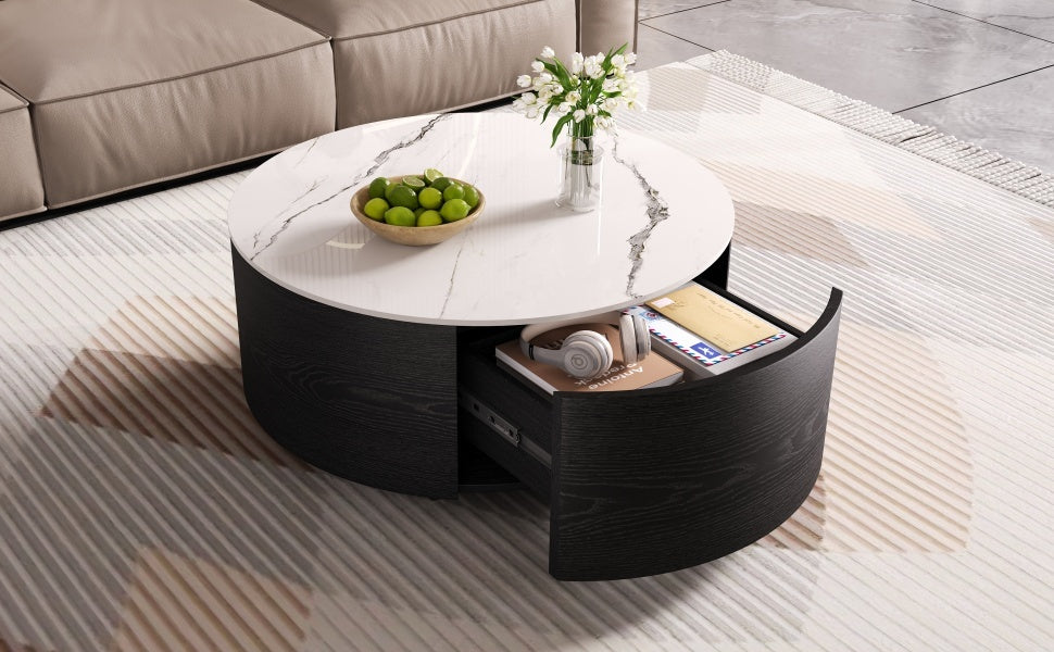 Modern Round Movable Coffee Table with Casters, 2 Drawers, Marble Pattern Sintered Stone Top, Black, 29.5' Coffee Table