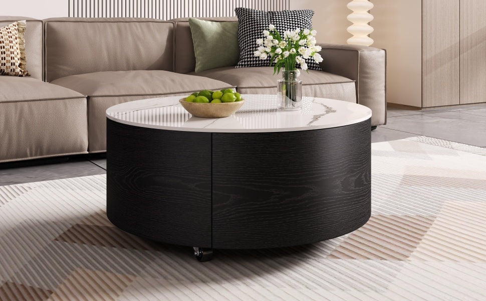 Modern Round Movable Coffee Table with Casters, 2 Drawers, Marble Pattern Sintered Stone Top, Black, 29.5' Coffee Table