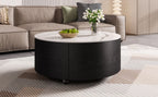 Modern Round Movable Coffee Table with Casters, 2 Drawers, Marble Pattern Sintered Stone Top, Black, 29.5' Coffee Table
