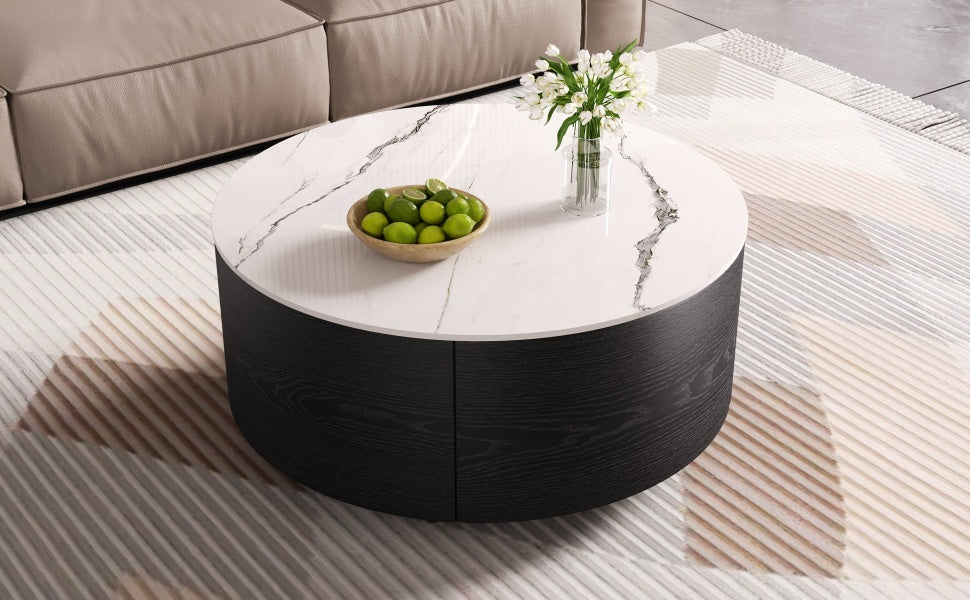 Modern Round Movable Coffee Table with Casters, 2 Drawers, Marble Pattern Sintered Stone Top, Black, 29.5' Coffee Table