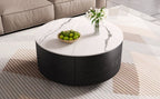 Modern Round Movable Coffee Table with Casters, 2 Drawers, Marble Pattern Sintered Stone Top, Black, 29.5' Coffee Table