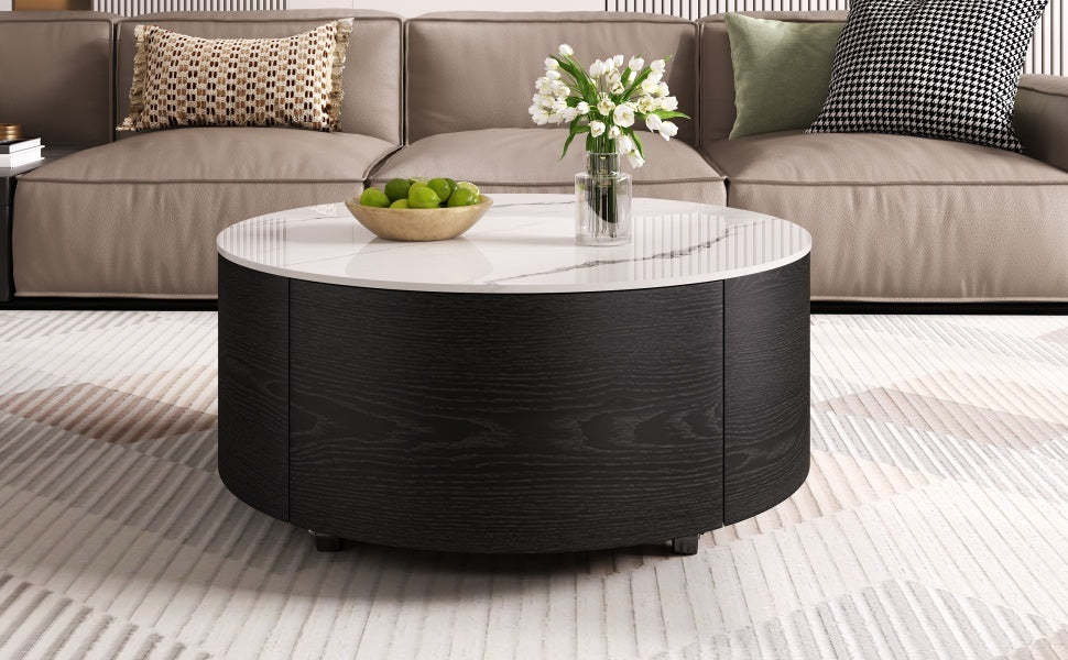Modern Round Movable Coffee Table with Casters, 2 Drawers, Marble Pattern Sintered Stone Top, Black, 29.5' Coffee Table