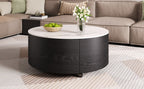 Modern Round Movable Coffee Table with Casters, 2 Drawers, Marble Pattern Sintered Stone Top, Black, 29.5' Coffee Table