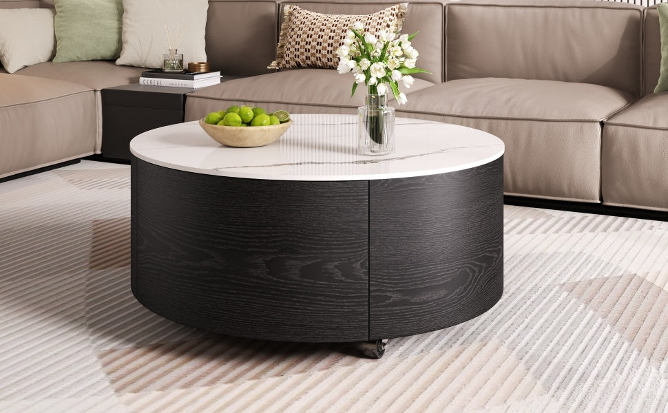Modern Round Movable Coffee Table with Casters, 2 Drawers, Marble Pattern Sintered Stone Top, Black, 29.5' Coffee Table