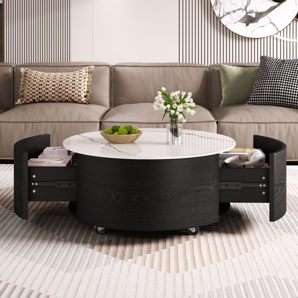 Modern Round Movable Coffee Table with Casters, 2 Drawers, Marble Pattern Sintered Stone Top, Black, 29.5' Coffee Table