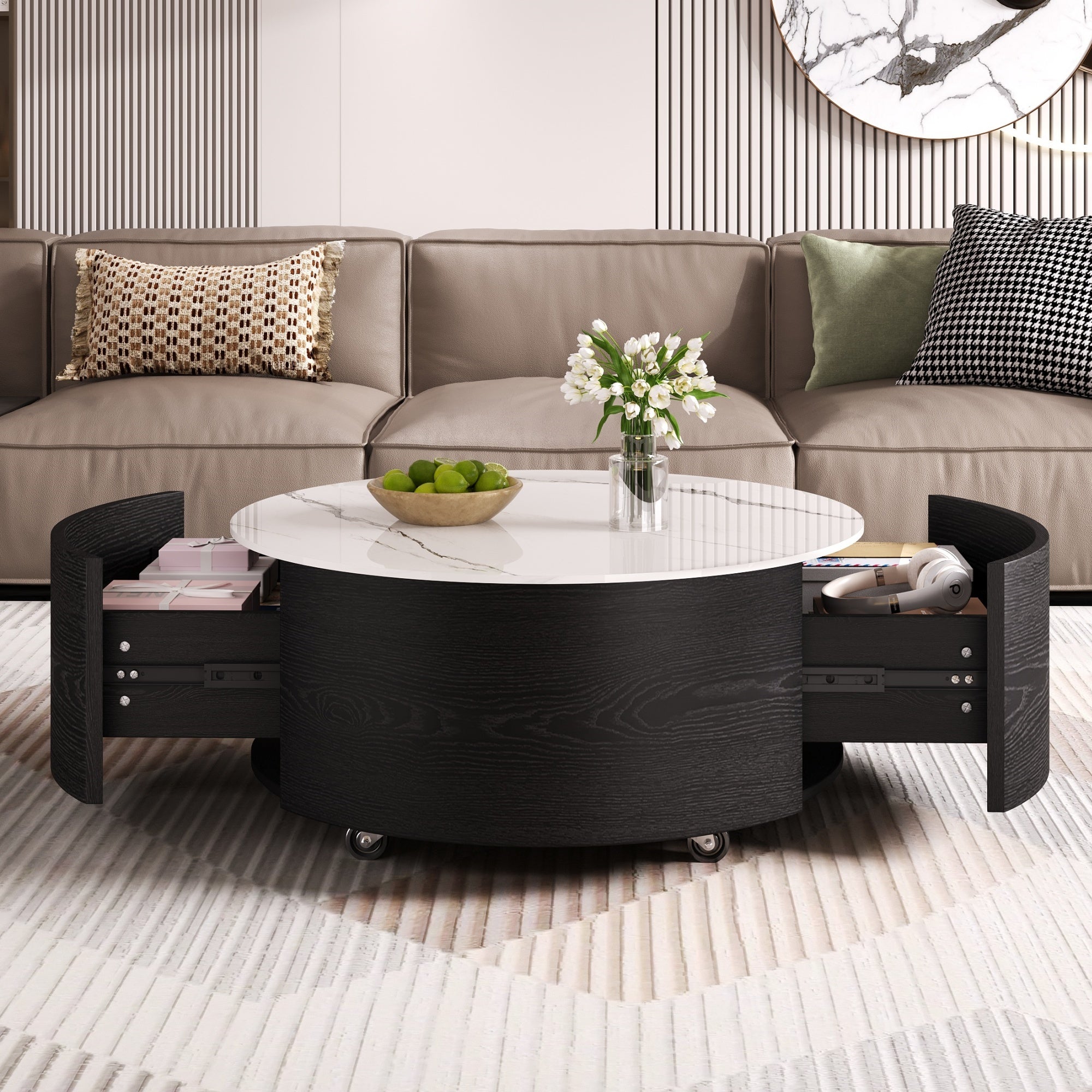 Modern Round Movable Coffee Table with Casters, 2 Drawers, Marble Pattern Sintered Stone Top, Black, 29.5' Coffee Table