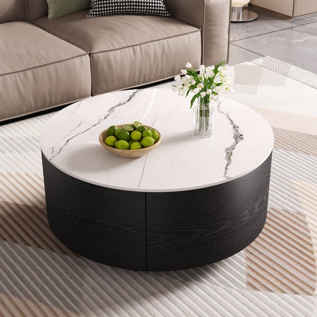 Modern Round Movable Coffee Table with Casters, 2 Drawers, Marble Pattern Sintered Stone Top, Black, 29.5' Coffee Table
