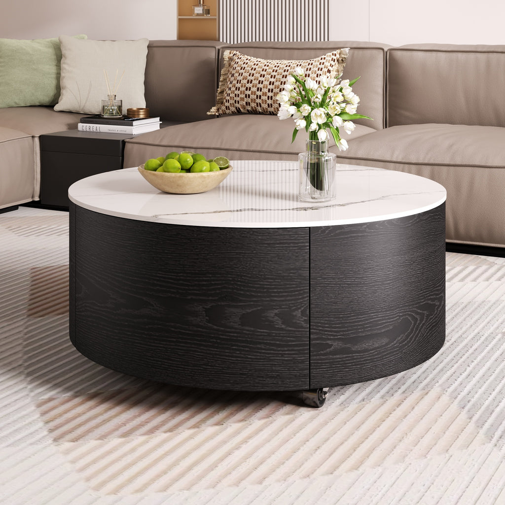 Modern Round Movable Coffee Table with Casters, 2 Drawers, Marble Pattern Sintered Stone Top, Black, 29.5' Coffee Table