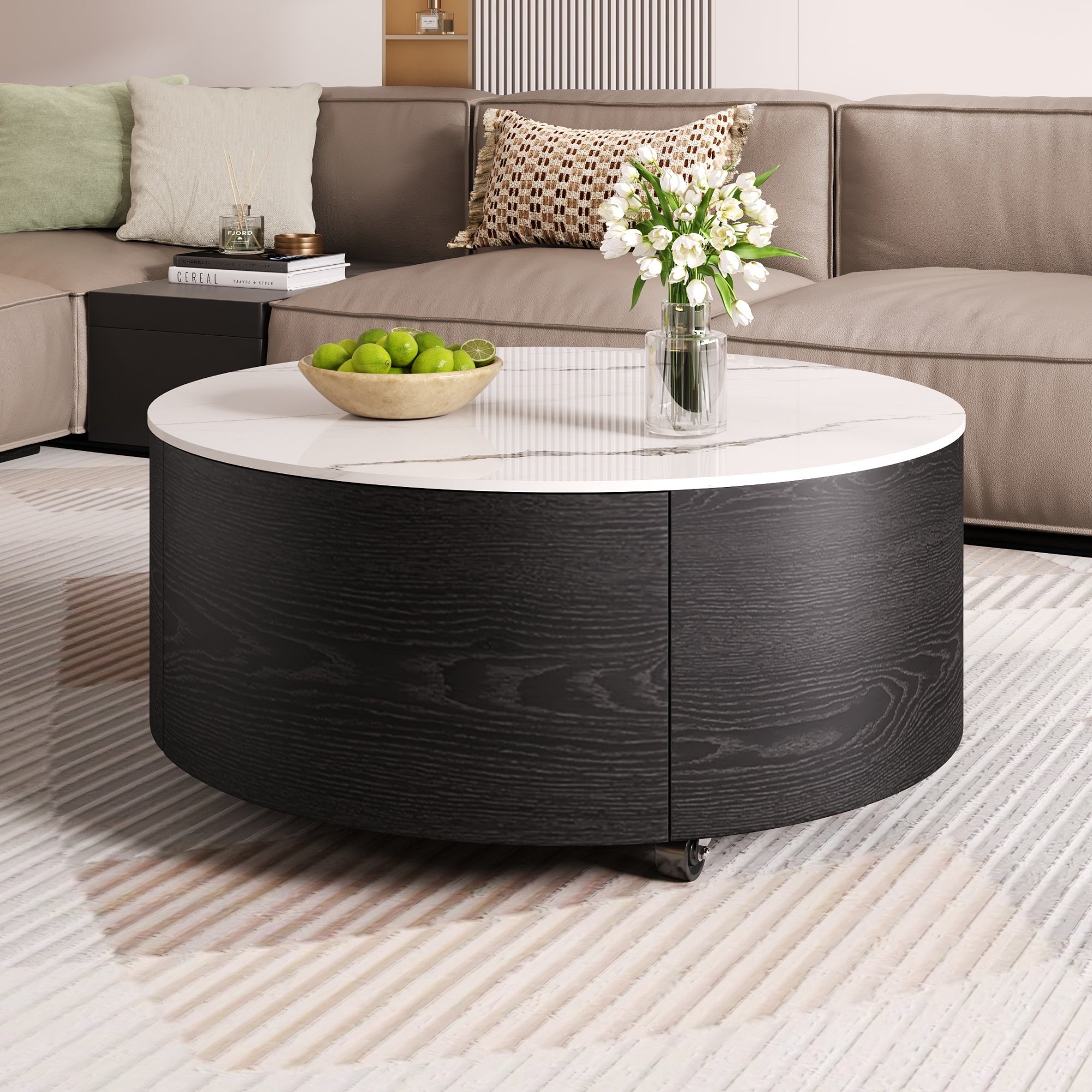 Modern Round Movable Coffee Table with Casters, 2 Drawers, Marble Pattern Sintered Stone Top, Black, 29.5' Coffee Table