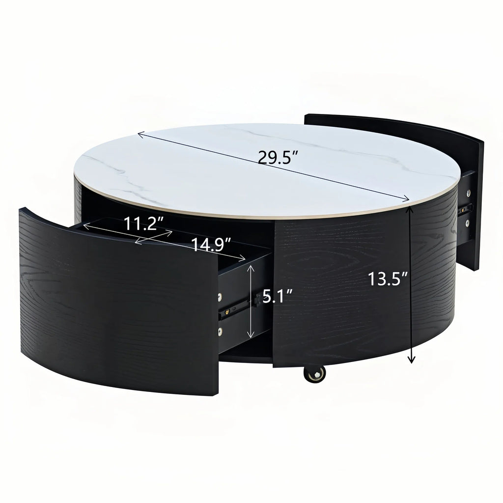 Modern Round Movable Coffee Table with Casters, 2 Drawers, Marble Pattern Sintered Stone Top, Black, 29.5' Coffee Table