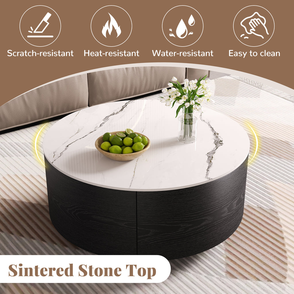 Modern Round Movable Coffee Table with Casters, 2 Drawers, Marble Pattern Sintered Stone Top, Black, 29.5' Coffee Table