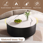 Modern Round Movable Coffee Table with Casters, 2 Drawers, Marble Pattern Sintered Stone Top, Black, 29.5' Coffee Table