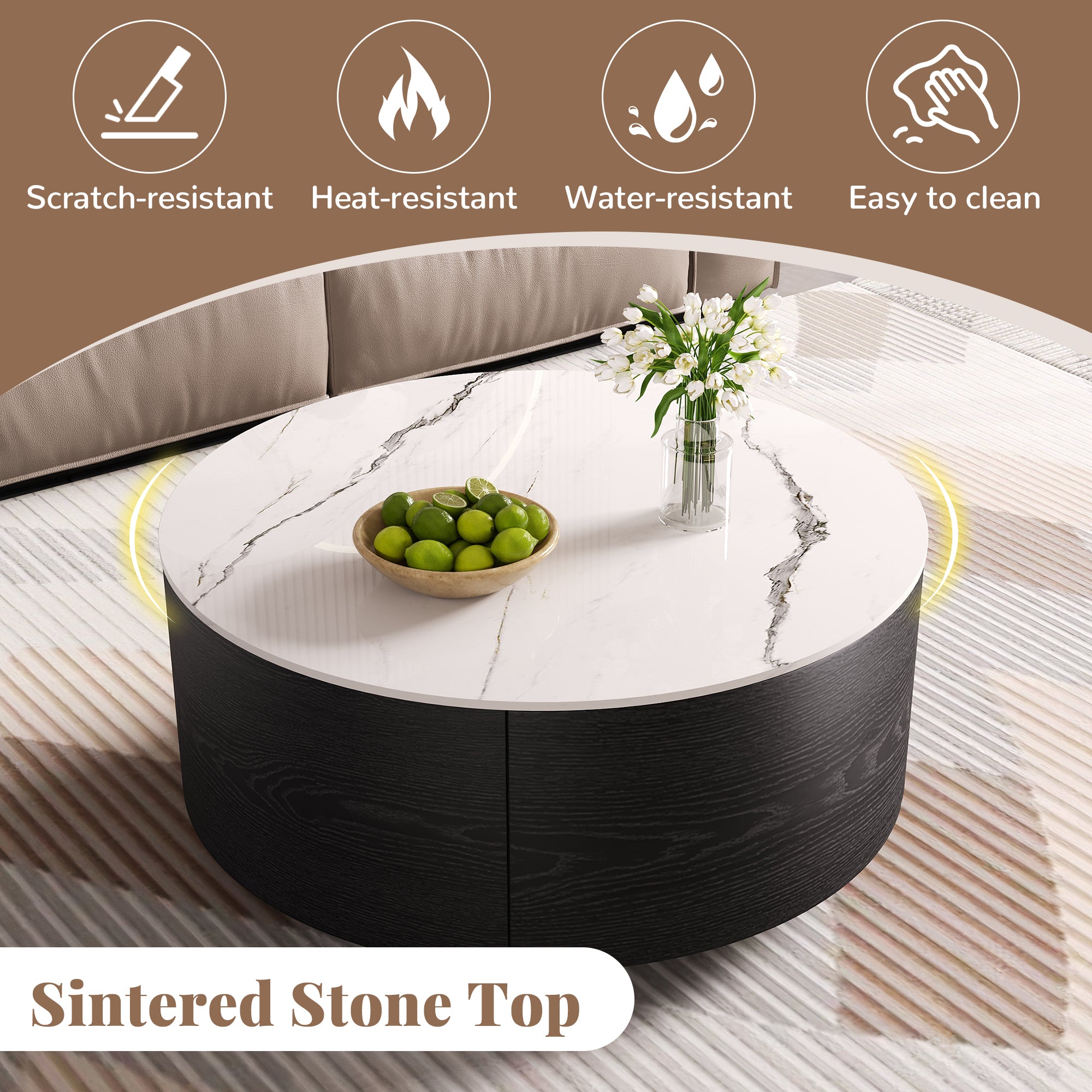 Modern Round Movable Coffee Table with Casters, 2 Drawers, Marble Pattern Sintered Stone Top, Black, 29.5' Coffee Table
