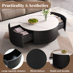 Modern Round Movable Coffee Table with Casters, 2 Drawers, Marble Pattern Sintered Stone Top, Black, 29.5' Coffee Table