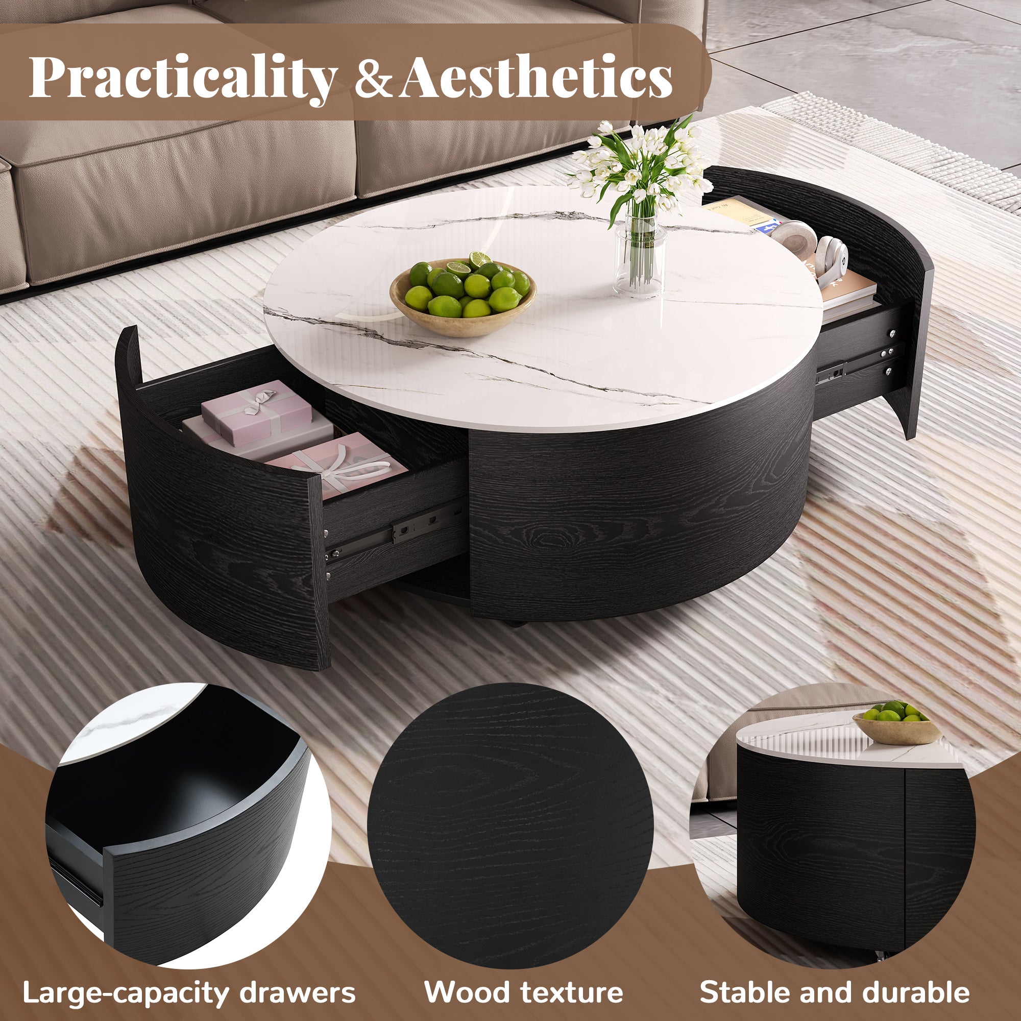 Modern Round Movable Coffee Table with Casters, 2 Drawers, Marble Pattern Sintered Stone Top, Black, 29.5' Coffee Table
